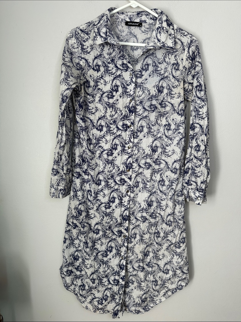 White & Navy Printed Shirt Dress